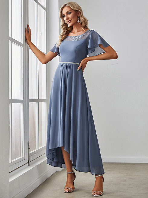 Elegant Boat Neck A-Line Midi Dress with Asymmetrical Hemlines
