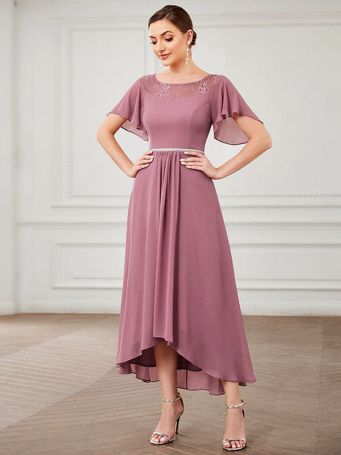 Elegant Boat Neck A-Line Midi Dress with Asymmetrical Hemlines