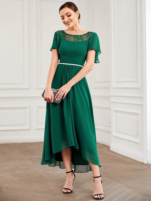 Elegant Boat Neck A-Line Midi Dress with Asymmetrical Hemlines