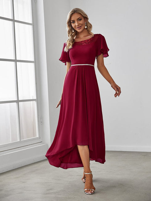 Elegant Boat Neck A-Line Midi Dress with Asymmetrical Hemlines