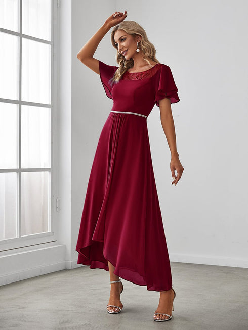 Elegant Boat Neck A-Line Midi Dress with Asymmetrical Hemlines