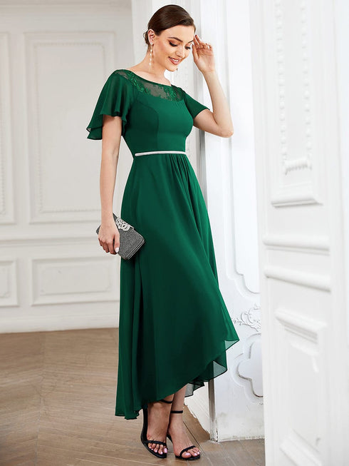 Elegant Boat Neck A-Line Midi Dress with Asymmetrical Hemlines