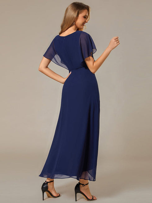 Elegant Chiffon Formal Dress with Lotus Leaf Hem and Short Sleeves