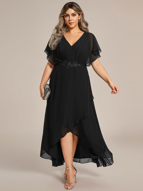 Elegant Chiffon Formal Dress with Lotus Leaf Hem and Short Sleeves