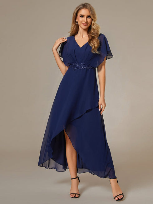 Elegant Chiffon Formal Dress with Lotus Leaf Hem and Short Sleeves