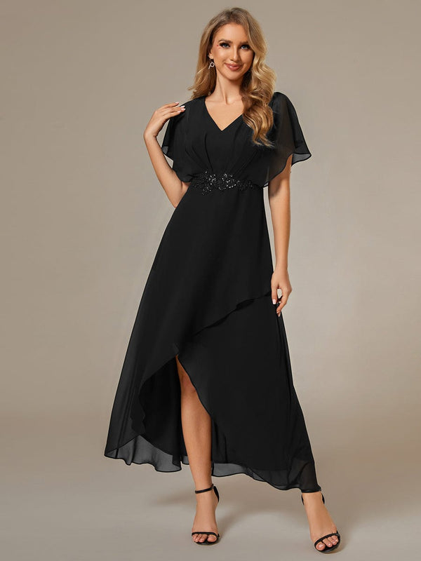 Elegant Chiffon Formal Dress with Lotus Leaf Hem and Short Sleeves