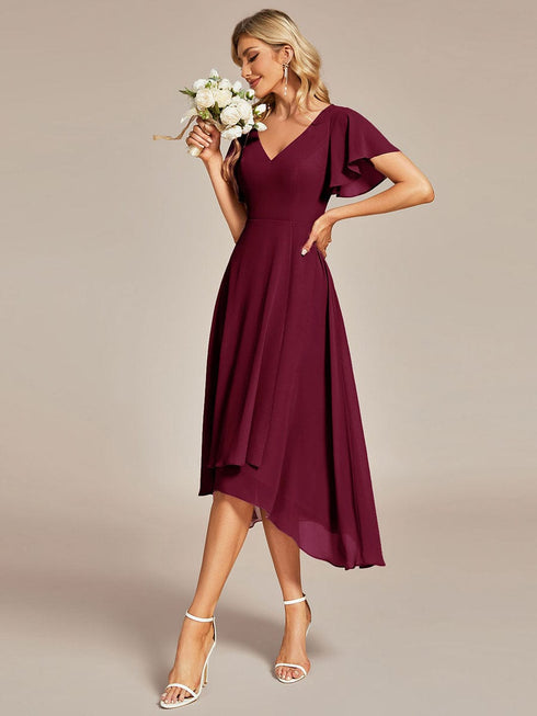 Elegant Chiffon V-Neck Bridesmaid Gown with Ruffle Sleeves
