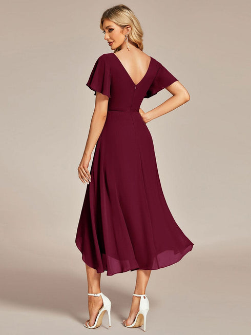 Elegant Chiffon V-Neck Bridesmaid Gown with Ruffle Sleeves