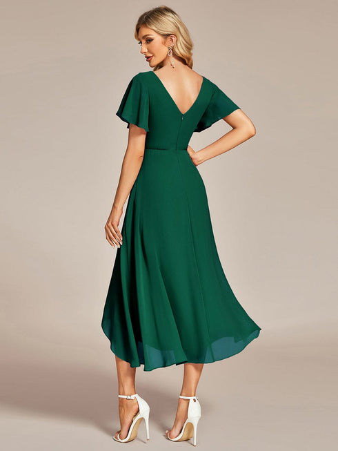 Elegant Chiffon V-Neck Bridesmaid Gown with Ruffle Sleeves