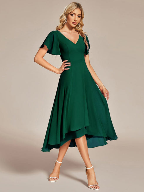 Elegant Chiffon V-Neck Bridesmaid Gown with Ruffle Sleeves