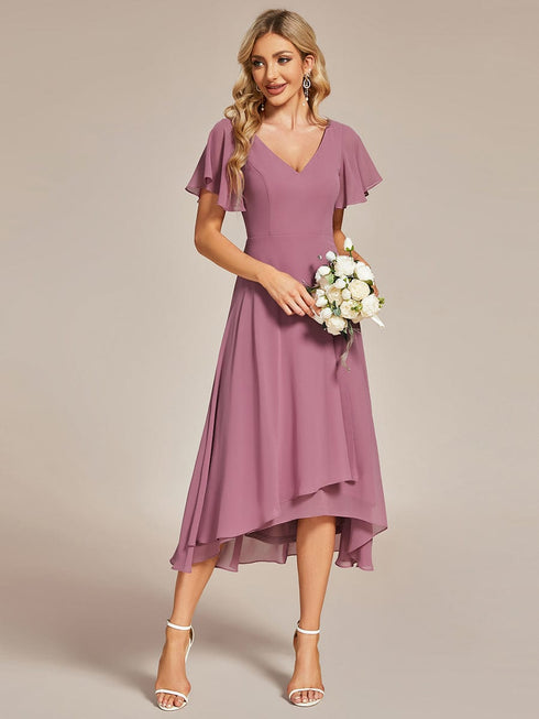 Elegant Chiffon V-Neck Bridesmaid Gown with Ruffle Sleeves