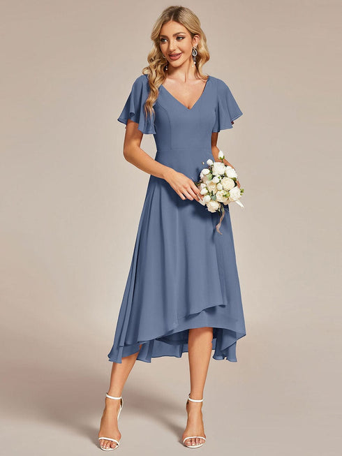 Elegant Chiffon V-Neck Bridesmaid Gown with Ruffle Sleeves