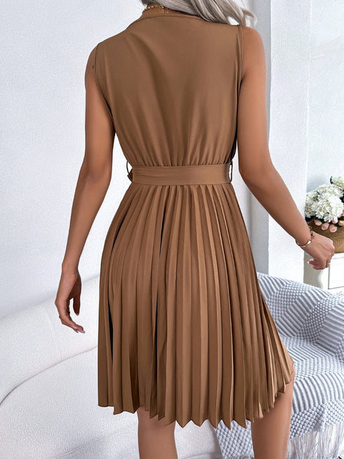 Elegant Cross V-Neck Sleeveless Pleated Waist Mini Dress