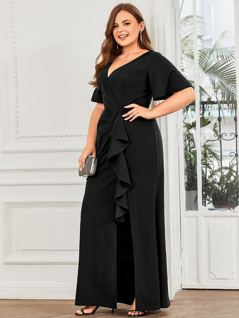 Elegant Fishtail Evening Gown with Ruffles Sleeves and Thigh-High Split