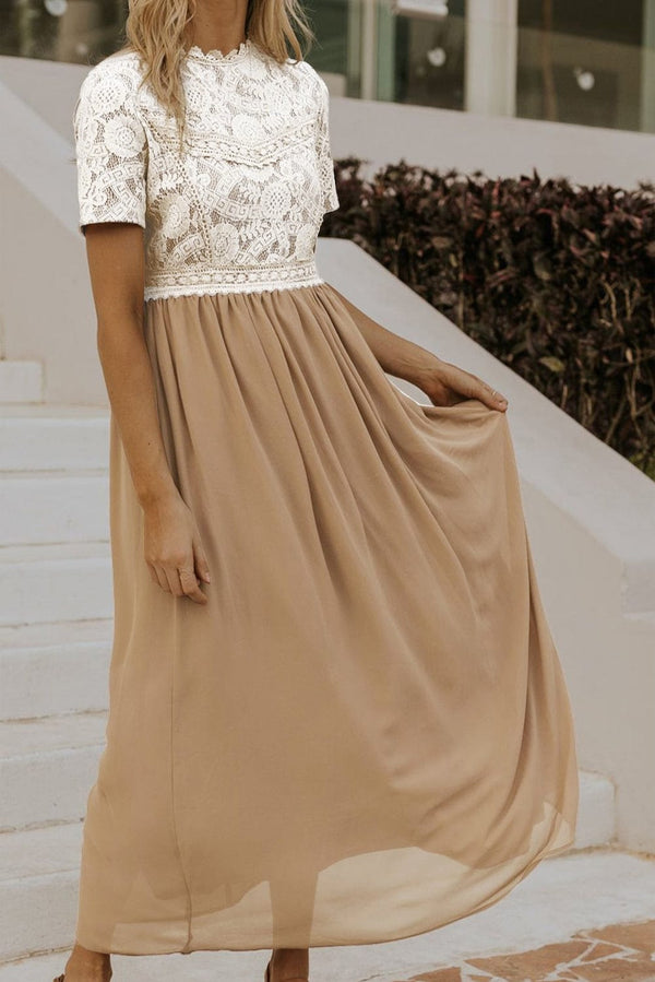 Elegant Floral Lace High Waist Chiffon Maxi Dress