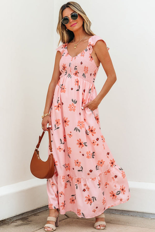 Women's Smocked Pink Floral Ruffle Hem Maxi Dress