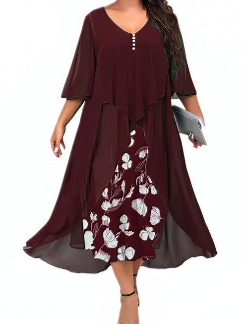 Elegant Floral V-Neck Midi Dress for Women with Curves