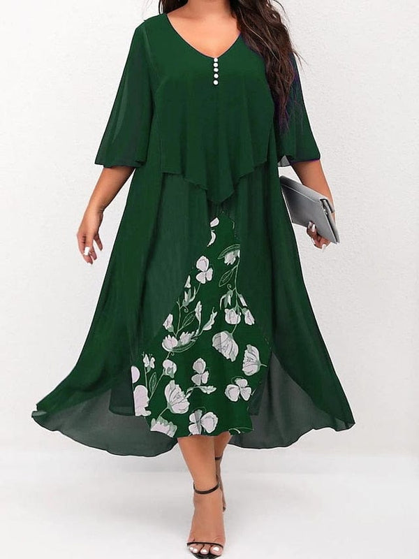 Women's Layered Chiffon Midi Dress with Panel Design