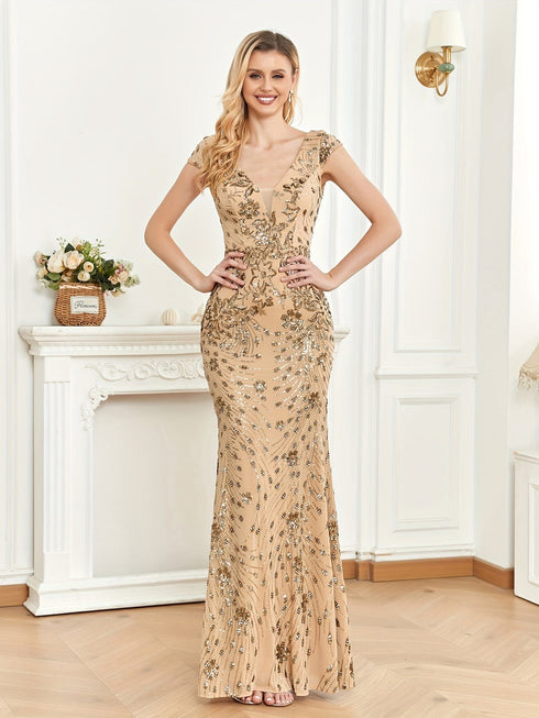 Elegant Glam Sequined Sleeveless Ankle Length Bodycon Party Dress