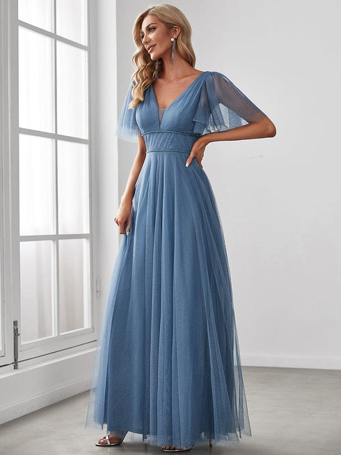 Elegant Golden Stamped Ruffle Sleeve Evening Gown