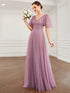 Elegant Golden Stamped Ruffle Sleeve Evening Gown