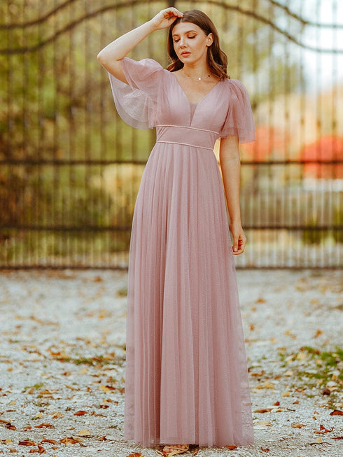 Elegant Golden Stamped Ruffle Sleeve Evening Gown