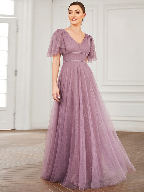 Elegant Golden Stamped Ruffle Sleeve Evening Gown