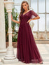 Elegant Golden Stamped Ruffle Sleeve Evening Gown