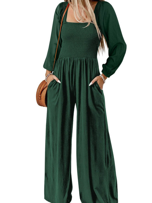 Elegant Green Smocked Square Neck Wide Leg Jumpsuit for Southern Belle Style