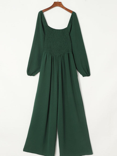 Elegant Green Smocked Square Neck Wide Leg Jumpsuit for Southern Belle Style