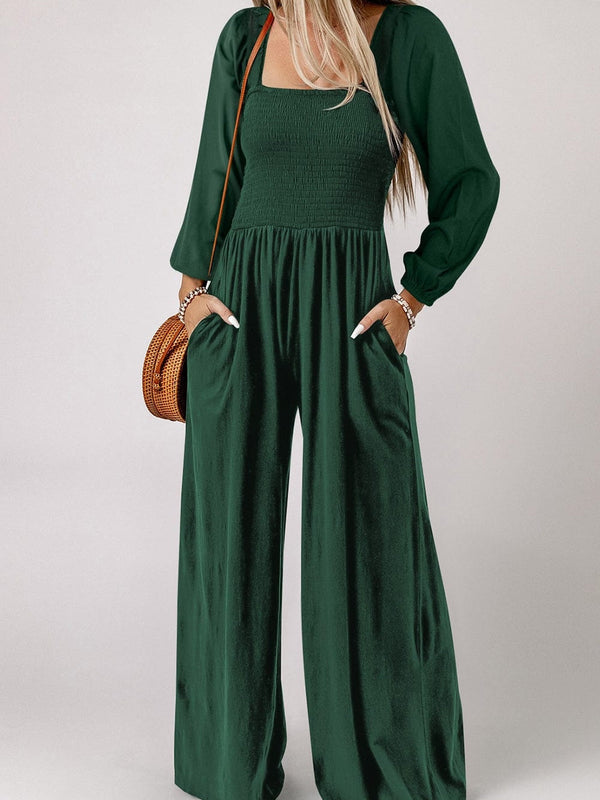 Elegant Green Smocked Square Neck Wide Leg Jumpsuit for Southern Belle Style