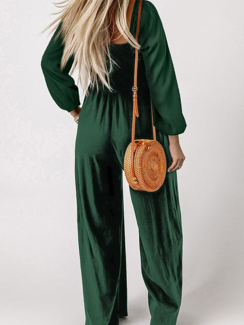 Elegant Green Smocked Square Neck Wide Leg Jumpsuit for Southern Belle Style