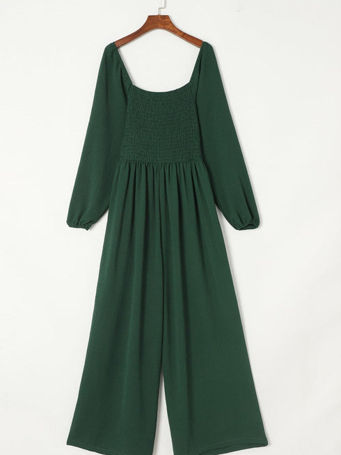 Elegant Green Smocked Square Neck Wide Leg Jumpsuit for Southern Belle Style