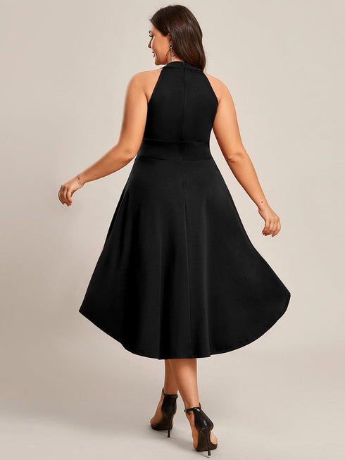 Elegant Halter Neck Midi Cocktail Dress for Plus Sizes