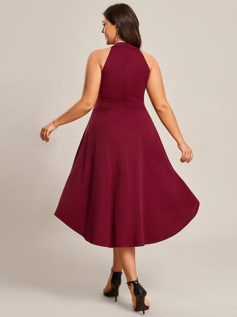 Elegant Halter Neck Midi Cocktail Dress for Plus Sizes