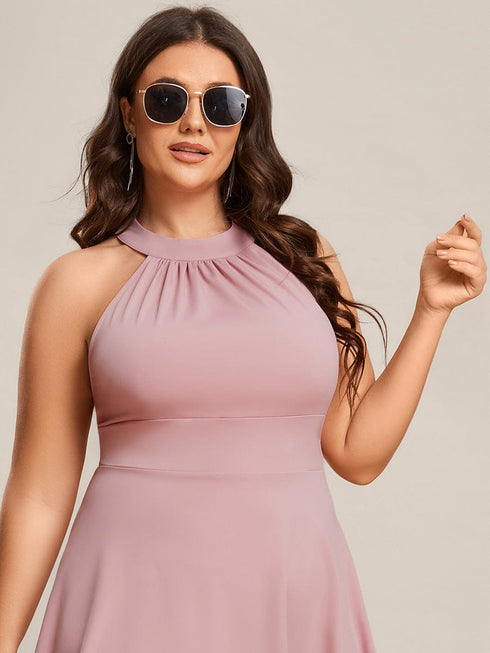 Elegant Halter Neck Midi Cocktail Dress for Plus Sizes