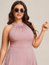 Elegant Halter Neck Midi Cocktail Dress for Plus Sizes