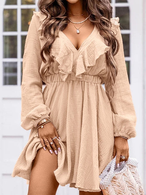 Elegant Khaki Ruffled V Neck Mini Dress with High Waist