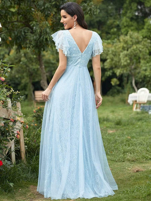 Elegant Lace Evening Dress with Double V Neck and Ruffle Sleeves