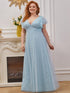 Elegant Lace Evening Dress with Double V Neck and Ruffle Sleeves