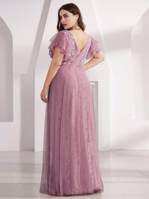 Elegant Lace Evening Dress with Double V Neck and Ruffle Sleeves