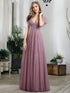 Elegant Lace Evening Dress with Double V Neck and Ruffle Sleeves