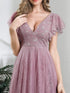 Elegant Lace Evening Dress with Double V Neck and Ruffle Sleeves