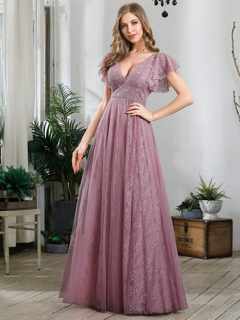 Elegant Lace Evening Dress with Double V Neck and Ruffle Sleeves