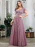 Elegant Lace Evening Dress with Double V Neck and Ruffle Sleeves