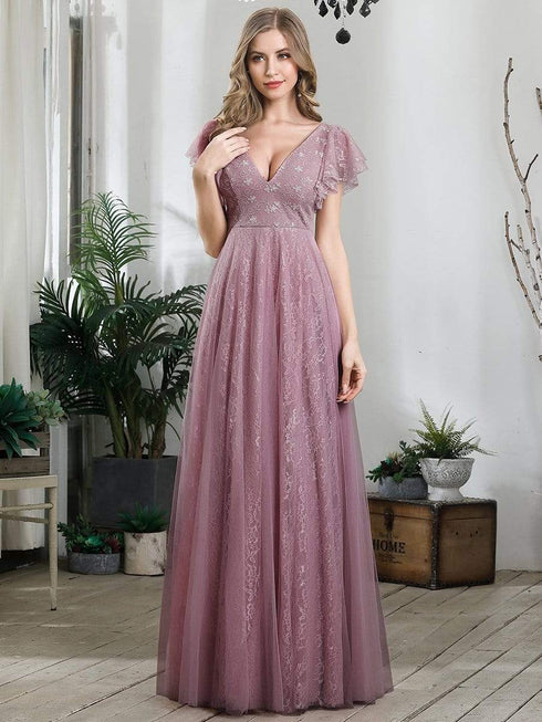 Elegant Lace Evening Dress with Double V Neck and Ruffle Sleeves