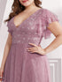 Elegant Lace Evening Dress with Double V Neck and Ruffle Sleeves