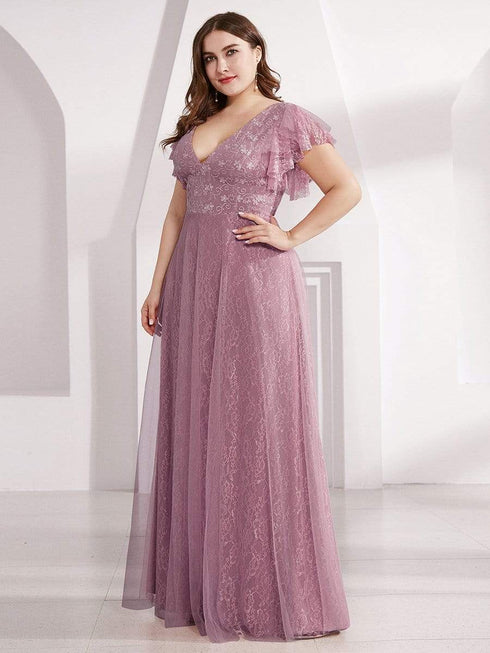 Elegant Lace Evening Dress with Double V Neck and Ruffle Sleeves