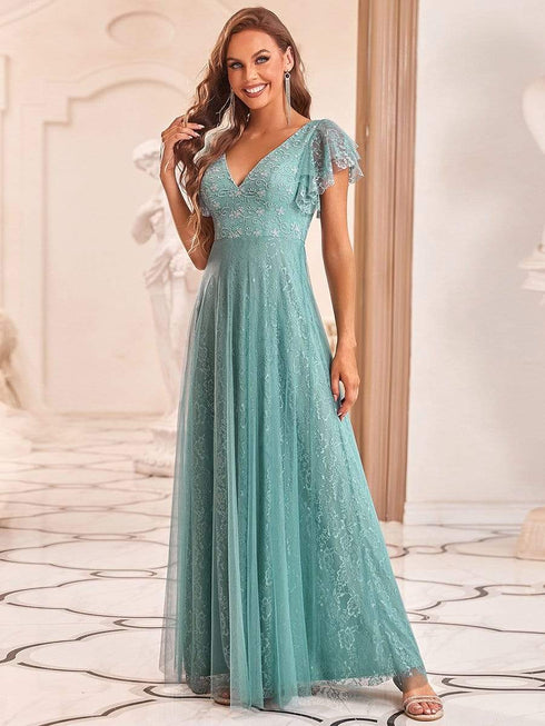 Elegant Lace Evening Dress with Double V Neck and Ruffle Sleeves