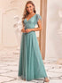 Elegant Lace Evening Dress with Double V Neck and Ruffle Sleeves